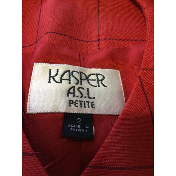 VTG Kasper A.S.L Petite Red Double-Breasted Womens Blazer Jacket Size 2 Checkere - Picture 3 of 12